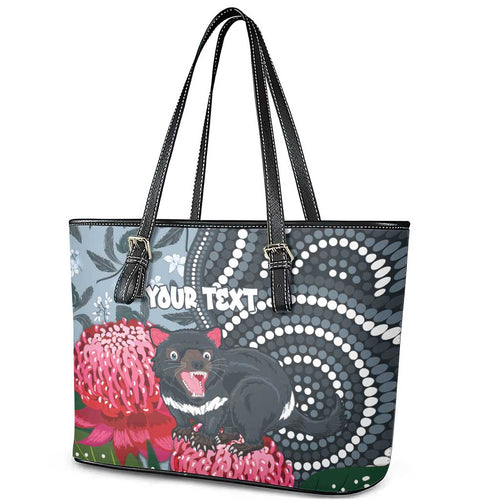 Personalised Tasmanian Devil Australia Leather Tote Bag Waratah Indigenous Art - Aussie Hoodie
