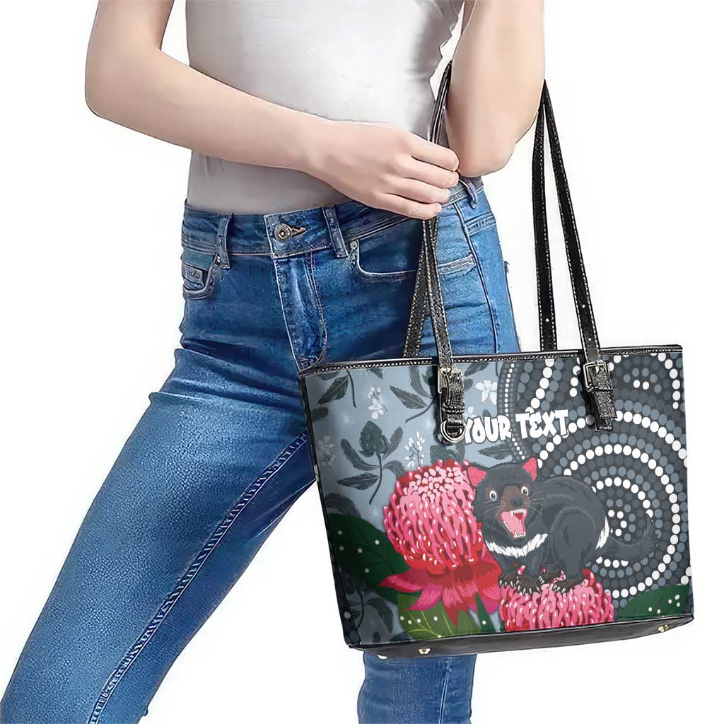 Personalised Tasmanian Devil Australia Leather Tote Bag Waratah Indigenous Art - Aussie Hoodie