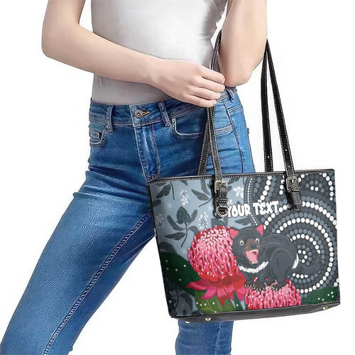 Personalised Tasmanian Devil Australia Leather Tote Bag Waratah Indigenous Art - Aussie Hoodie