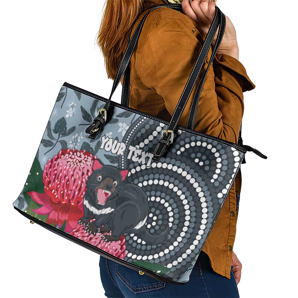 Personalised Tasmanian Devil Australia Leather Tote Bag Waratah Indigenous Art - Aussie Hoodie