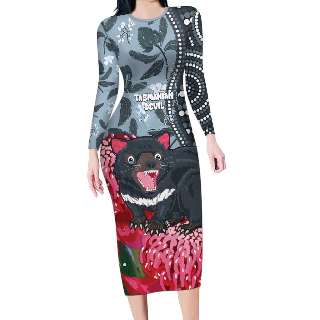 Personalised Tasmanian Devil Australia Long Sleeve Bodycon Dress Waratah Indigenous Art - Aussie Hoodie