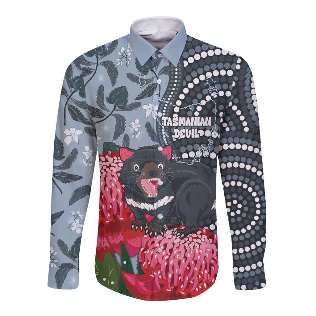 Personalised Tasmanian Devil Australia Long Sleeve Button Shirt Waratah Indigenous Art - Aussie Hoodie