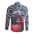 Personalised Tasmanian Devil Australia Long Sleeve Button Shirt Waratah Indigenous Art - Aussie Hoodie