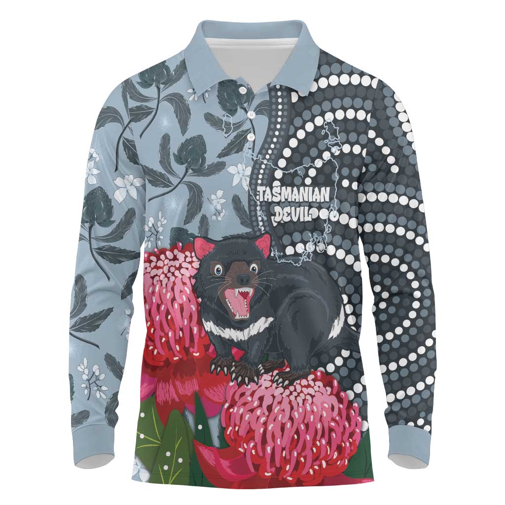 Personalised Tasmanian Devil Australia Long Sleeve Polo Shirt Waratah Indigenous Art - Aussie Hoodie