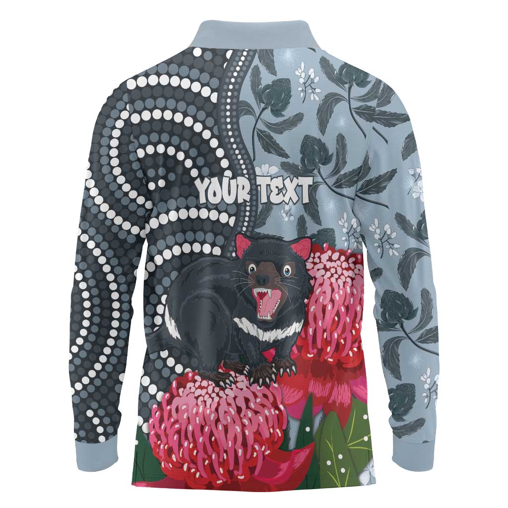 Personalised Tasmanian Devil Australia Long Sleeve Polo Shirt Waratah Indigenous Art - Aussie Hoodie