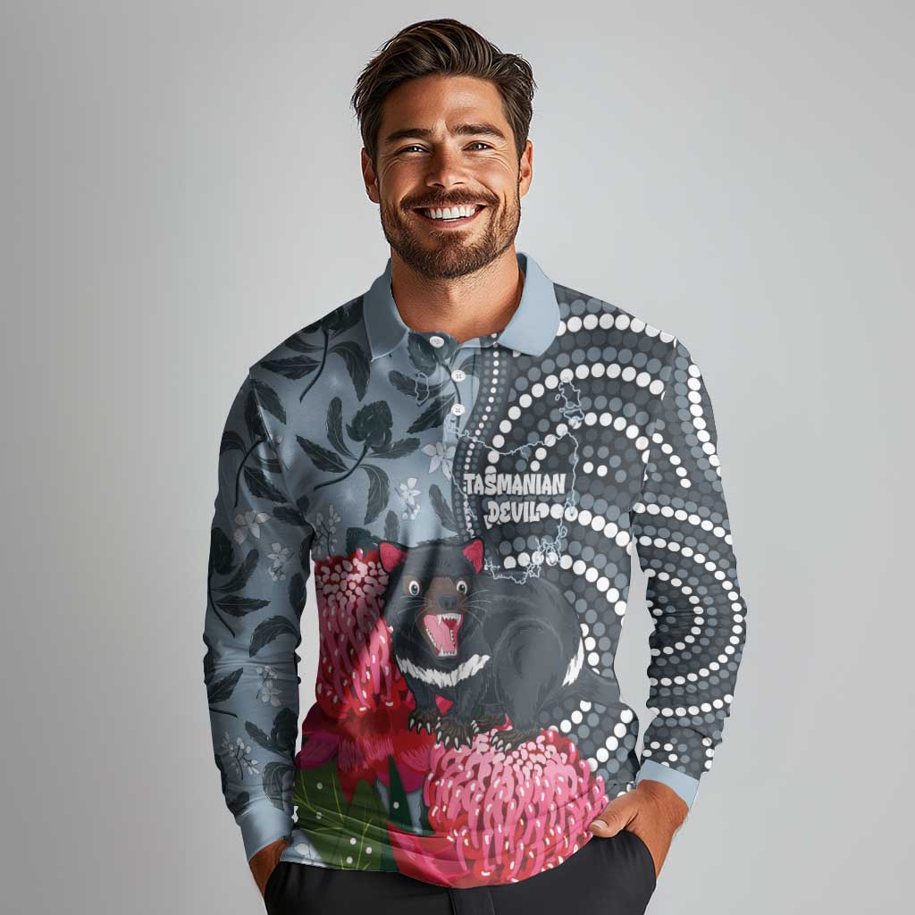 Personalised Tasmanian Devil Australia Long Sleeve Polo Shirt Waratah Indigenous Art - Aussie Hoodie