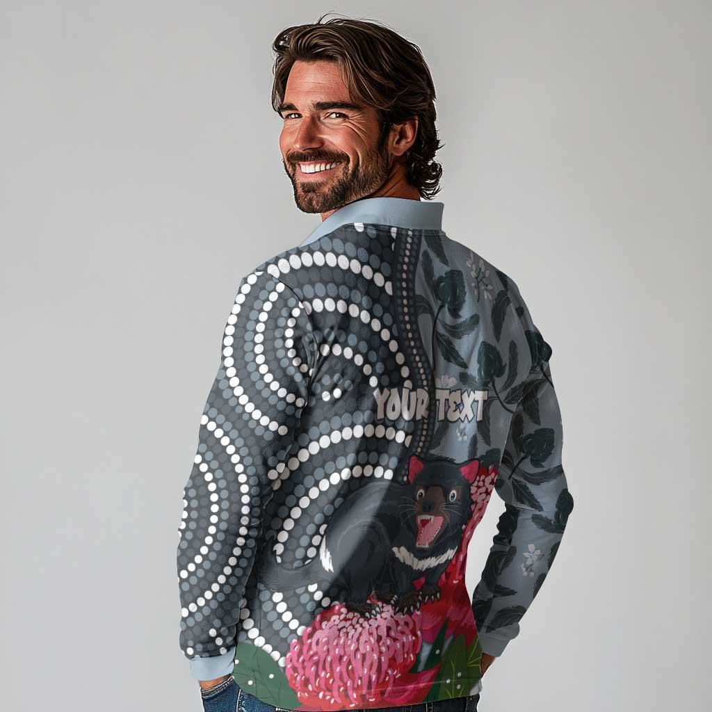 Personalised Tasmanian Devil Australia Long Sleeve Polo Shirt Waratah Indigenous Art - Aussie Hoodie
