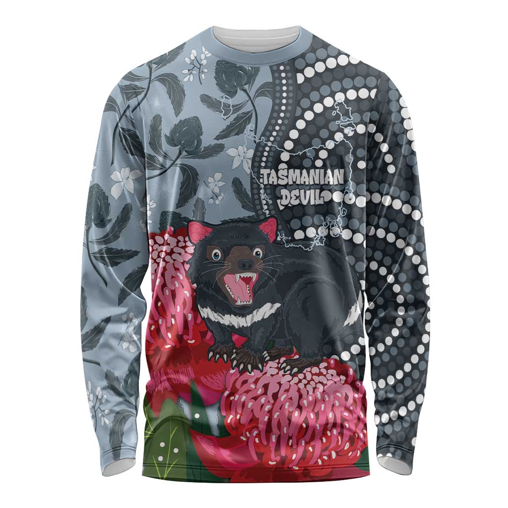 Personalised Tasmanian Devil Australia Long Sleeve Shirt Waratah Indigenous Art - Aussie Hoodie