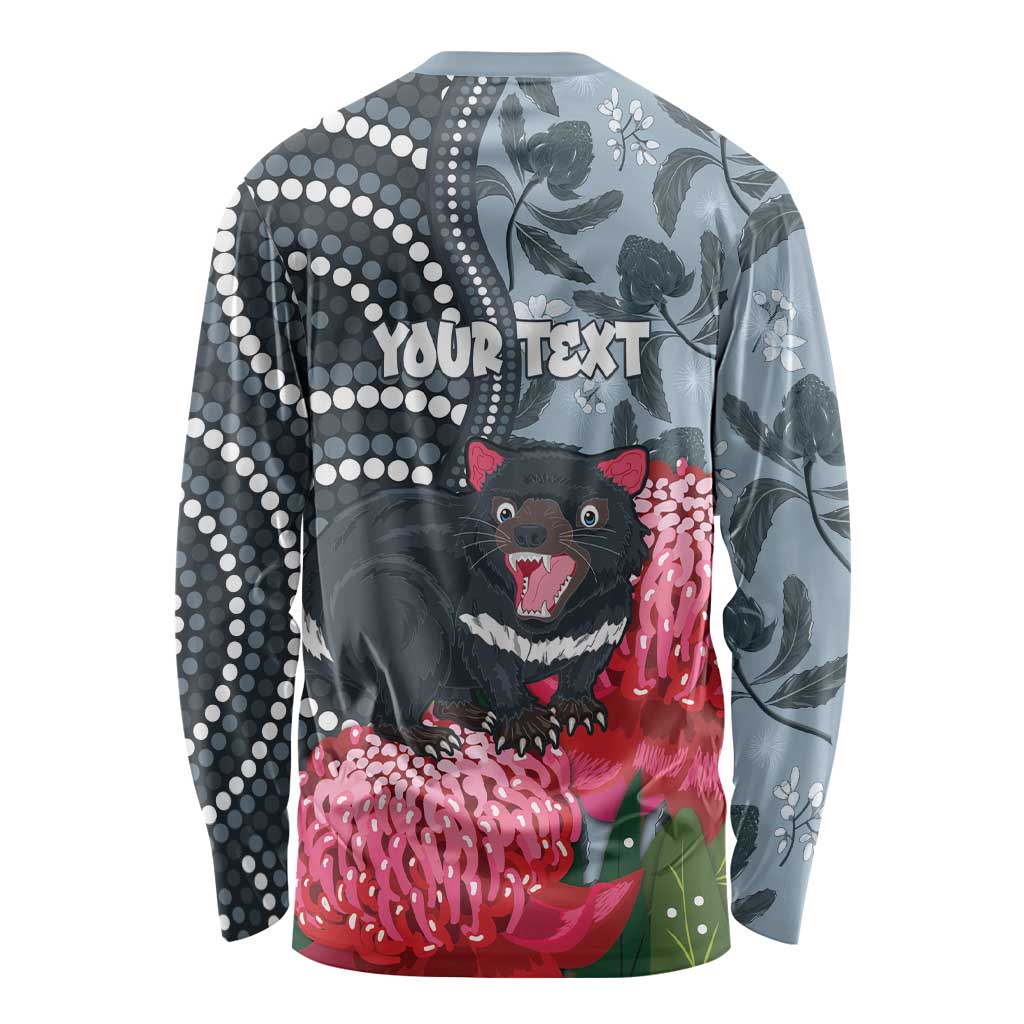 Personalised Tasmanian Devil Australia Long Sleeve Shirt Waratah Indigenous Art - Aussie Hoodie