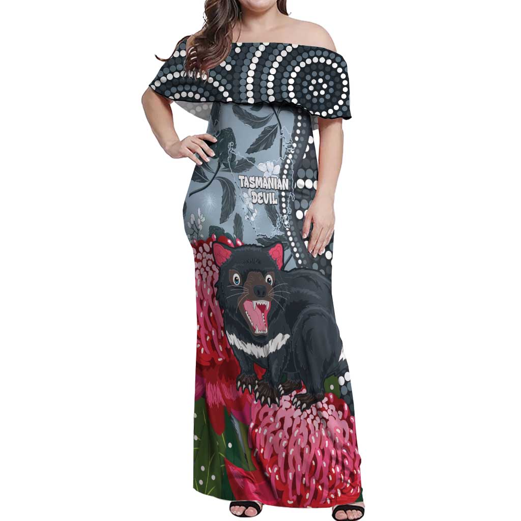 Personalised Tasmanian Devil Australia Off Shoulder Maxi Dress Waratah Indigenous Art - Aussie Hoodie
