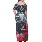 Personalised Tasmanian Devil Australia Off Shoulder Maxi Dress Waratah Indigenous Art - Aussie Hoodie