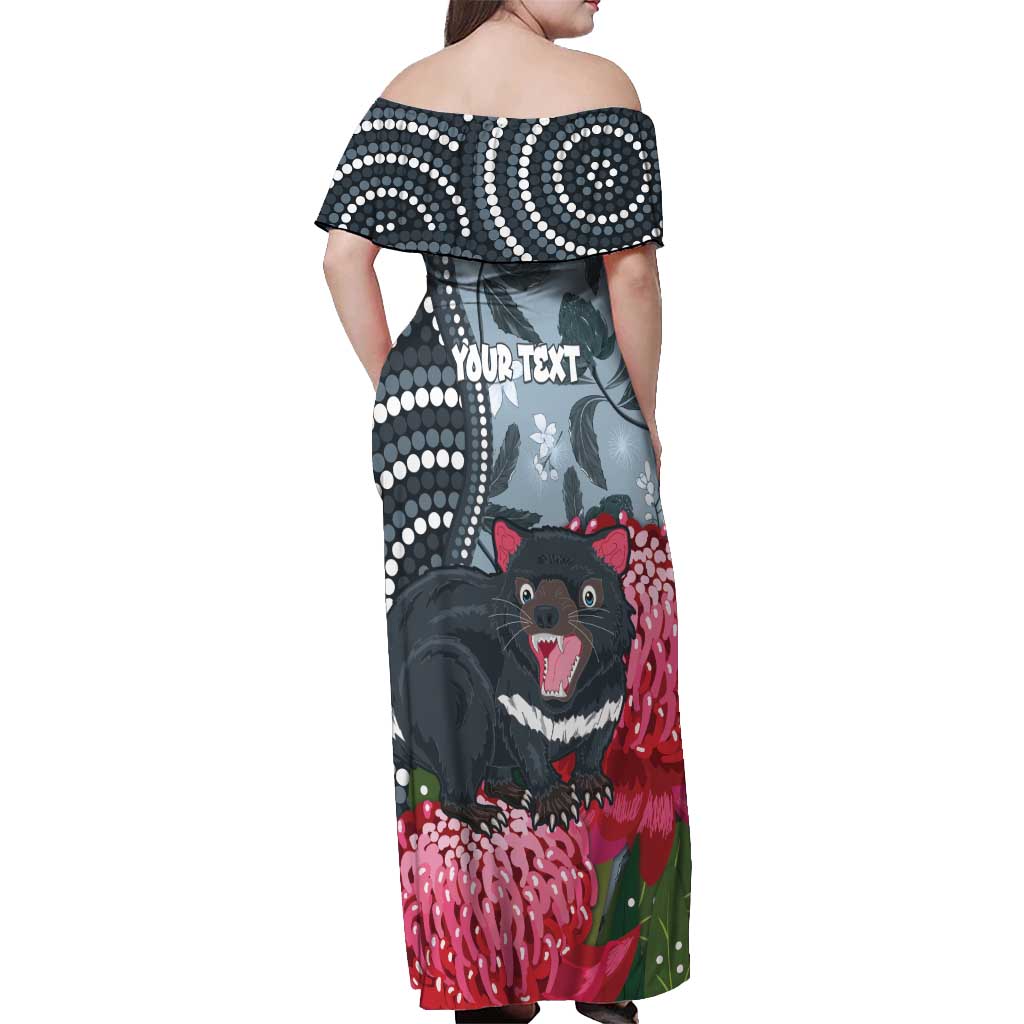 Personalised Tasmanian Devil Australia Off Shoulder Maxi Dress Waratah Indigenous Art - Aussie Hoodie