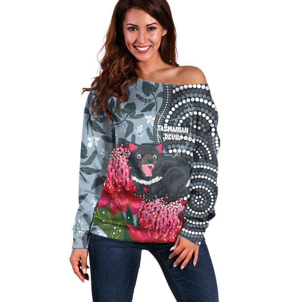 Personalised Tasmanian Devil Australia Off Shoulder Sweater Waratah Indigenous Art - Aussie Hoodie