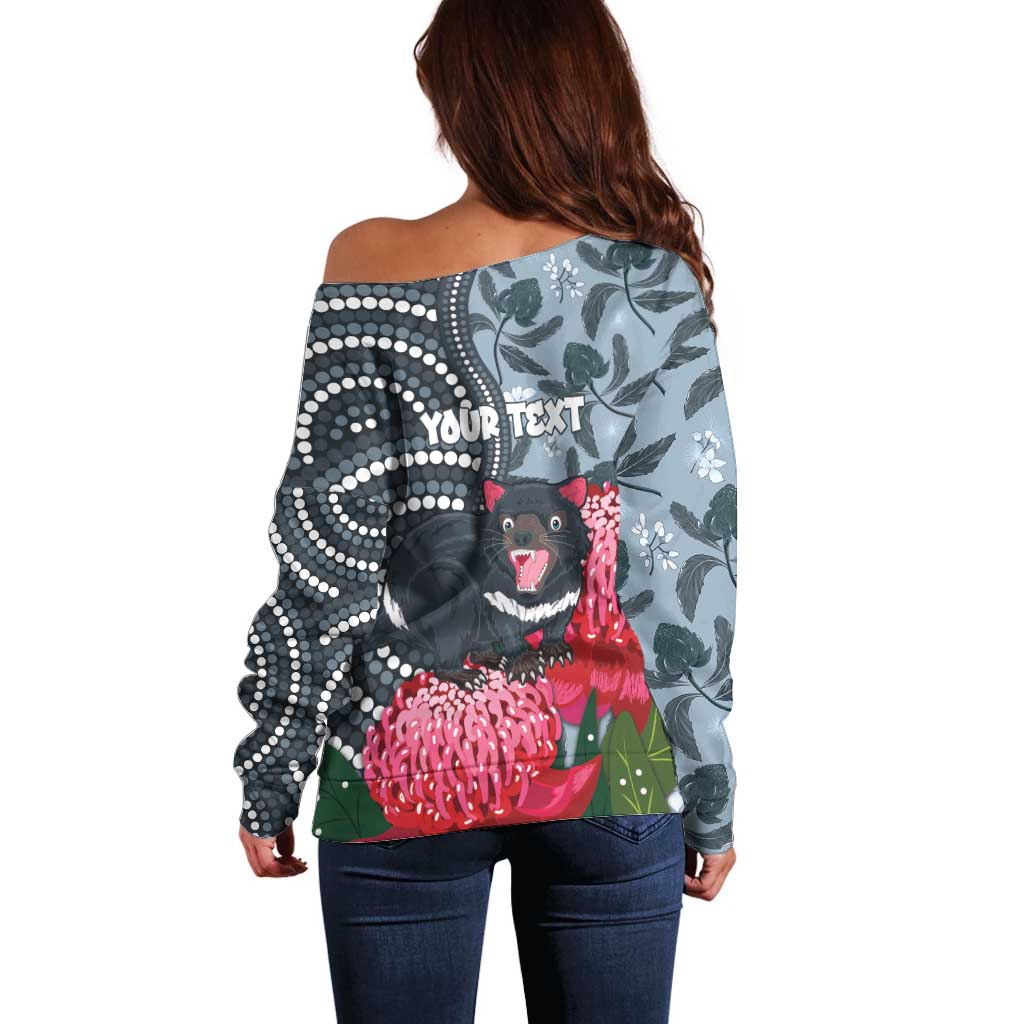 Personalised Tasmanian Devil Australia Off Shoulder Sweater Waratah Indigenous Art - Aussie Hoodie