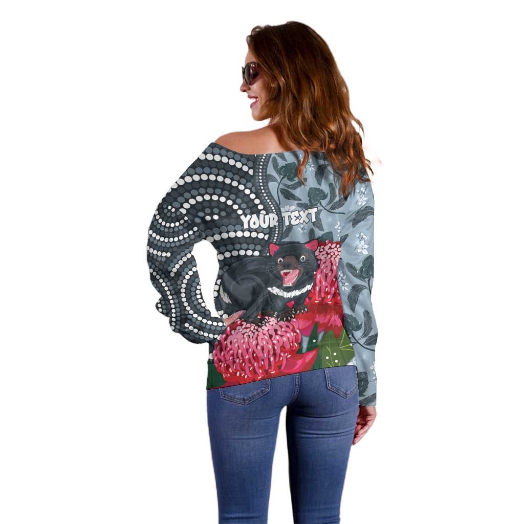 Personalised Tasmanian Devil Australia Off Shoulder Sweater Waratah Indigenous Art - Aussie Hoodie