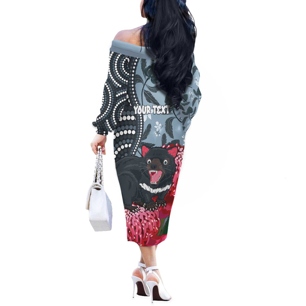 Personalised Tasmanian Devil Australia Off The Shoulder Long Sleeve Dress Waratah Indigenous Art - Aussie Hoodie