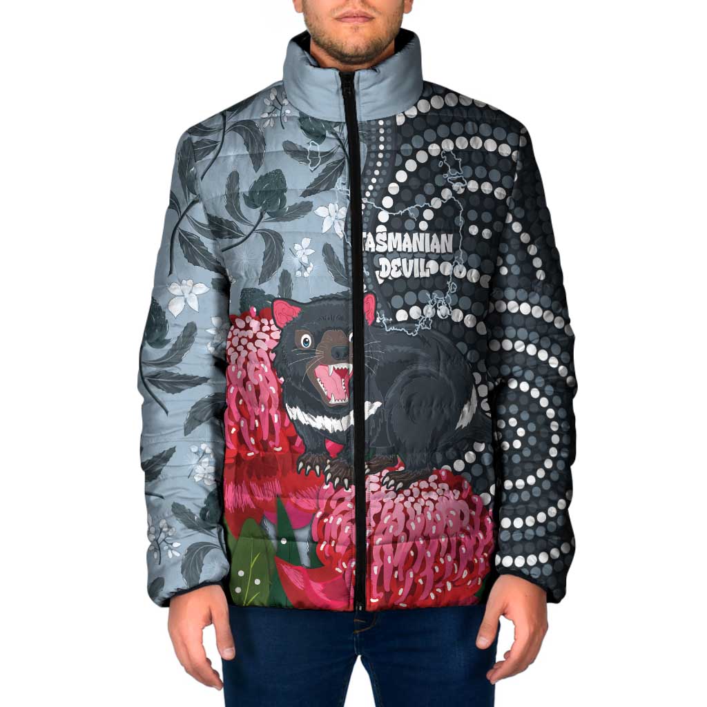 Personalised Tasmanian Devil Australia Padded Jacket Waratah Indigenous Art - Aussie Hoodie