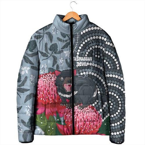Personalised Tasmanian Devil Australia Padded Jacket Waratah Indigenous Art - Aussie Hoodie