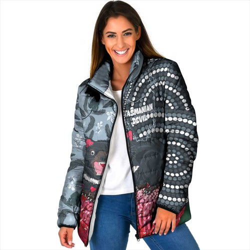 Personalised Tasmanian Devil Australia Padded Jacket Waratah Indigenous Art - Aussie Hoodie