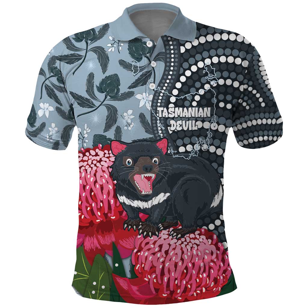 Personalised Tasmanian Devil Australia Polo Shirt Waratah Indigenous Art - Aussie Hoodie