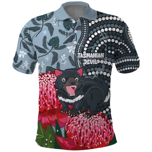 Personalised Tasmanian Devil Australia Polo Shirt Waratah Indigenous Art - Aussie Hoodie