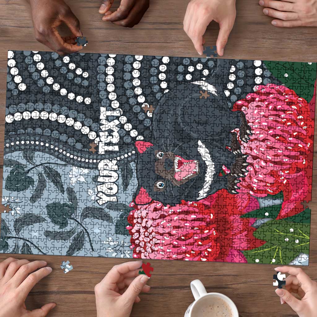 Personalised Tasmanian Devil Australia Puzzle Waratah Indigenous Art - Aussie Hoodie