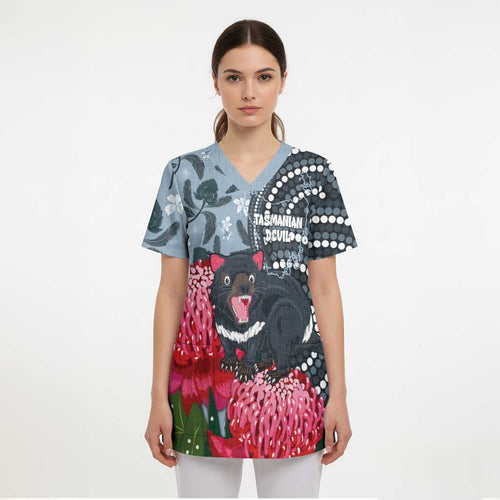 Personalised Tasmanian Devil Australia Scrub Top Waratah Indigenous Art - Aussie Hoodie