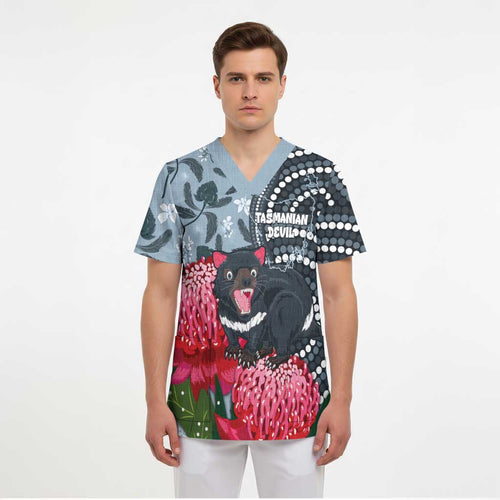 Personalised Tasmanian Devil Australia Scrub Top Waratah Indigenous Art - Aussie Hoodie