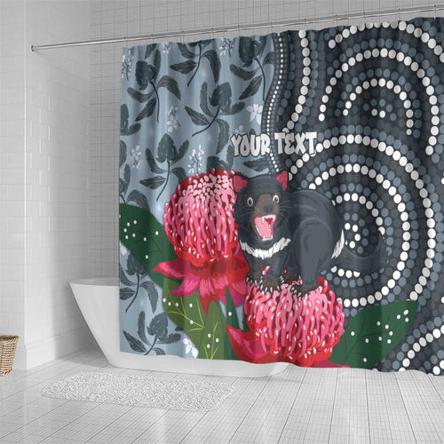 Personalised Tasmanian Devil Australia Shower Curtain Waratah Indigenous Art - Aussie Hoodie