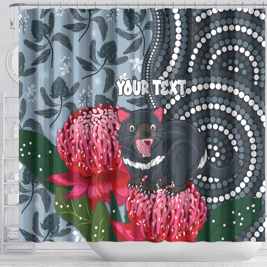 Personalised Tasmanian Devil Australia Shower Curtain Waratah Indigenous Art - Aussie Hoodie