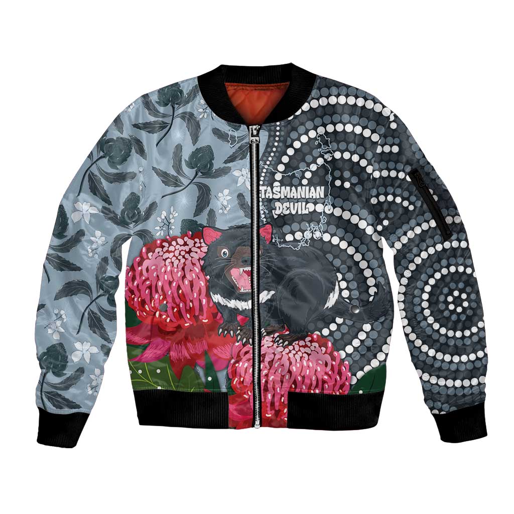 Personalised Tasmanian Devil Australia Sleeve Zip Bomber Jacket Waratah Indigenous Art - Aussie Hoodie