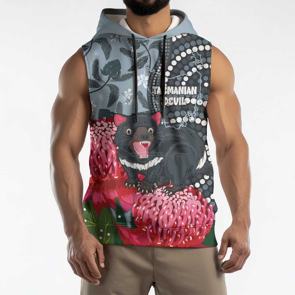 Personalised Tasmanian Devil Australia Sleeveless Hoodie Waratah Indigenous Art - Aussie Hoodie