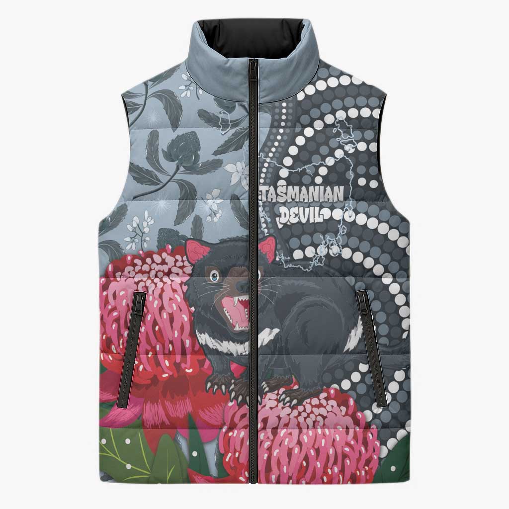 Personalised Tasmanian Devil Australia Sleeveless Puffer Jacket Waratah Indigenous Art - Aussie Hoodie