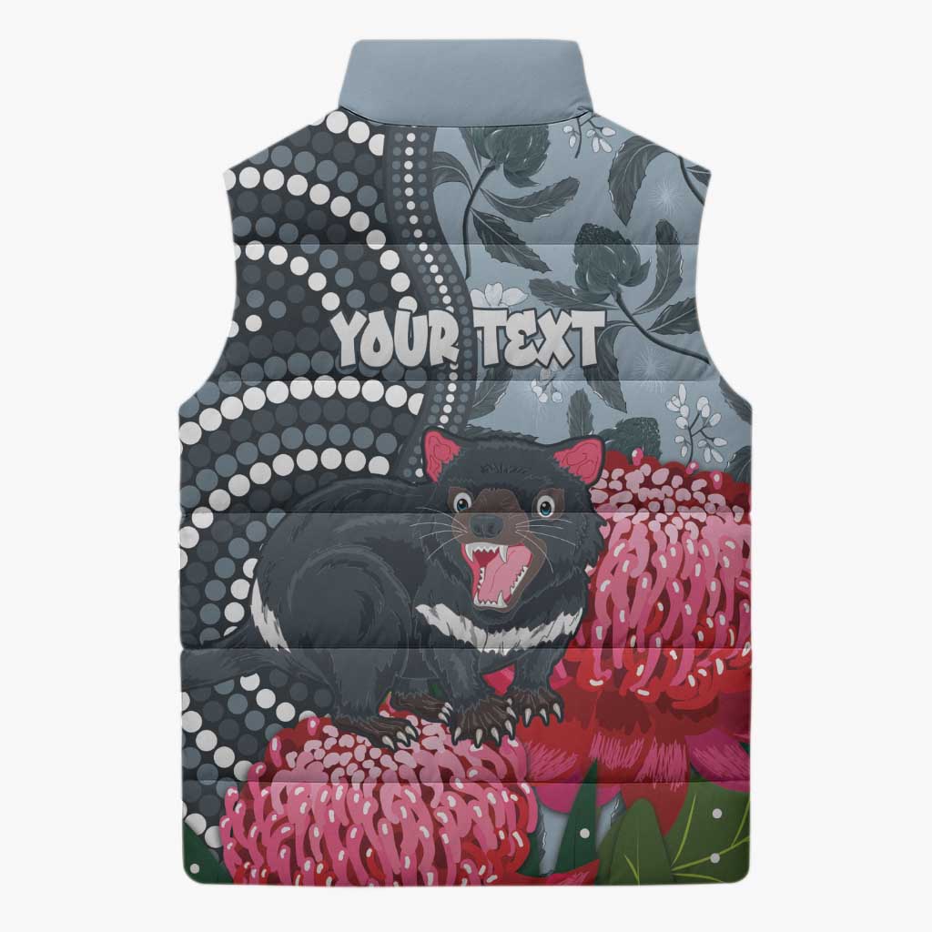 Personalised Tasmanian Devil Australia Sleeveless Puffer Jacket Waratah Indigenous Art - Aussie Hoodie