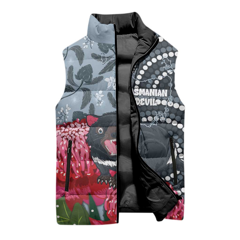 Personalised Tasmanian Devil Australia Sleeveless Puffer Jacket Waratah Indigenous Art - Aussie Hoodie