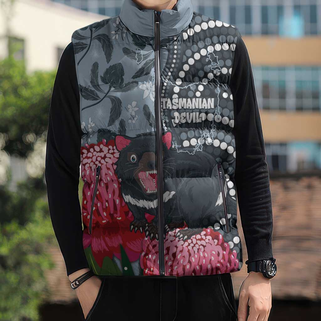 Personalised Tasmanian Devil Australia Sleeveless Puffer Jacket Waratah Indigenous Art - Aussie Hoodie