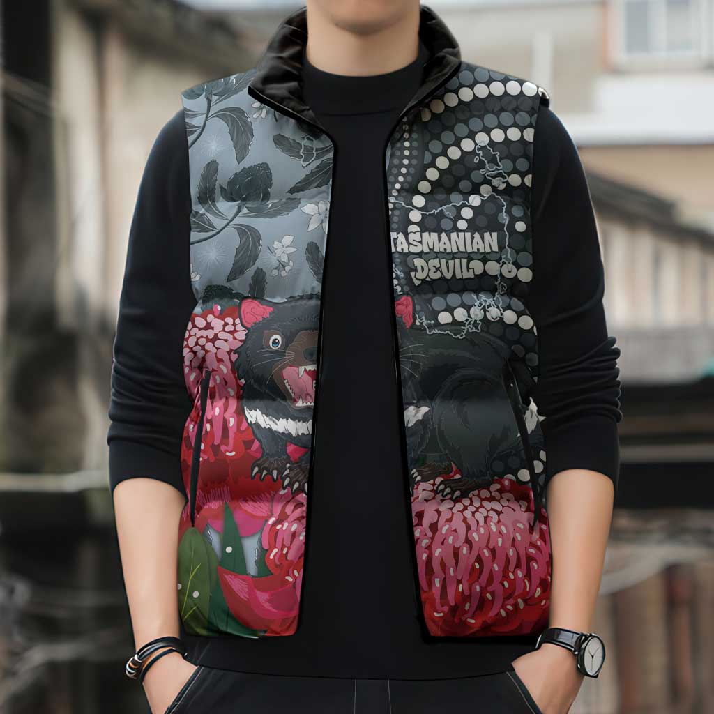 Personalised Tasmanian Devil Australia Sleeveless Puffer Jacket Waratah Indigenous Art - Aussie Hoodie