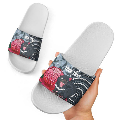 Personalised Tasmanian Devil Australia Slide Sandals Waratah Indigenous Art - Aussie Hoodie