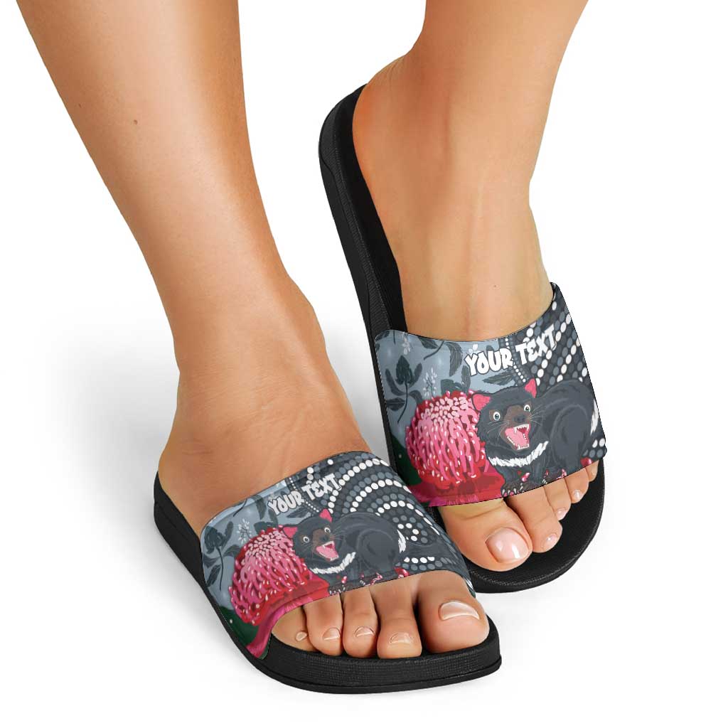 Personalised Tasmanian Devil Australia Slide Sandals Waratah Indigenous Art - Aussie Hoodie