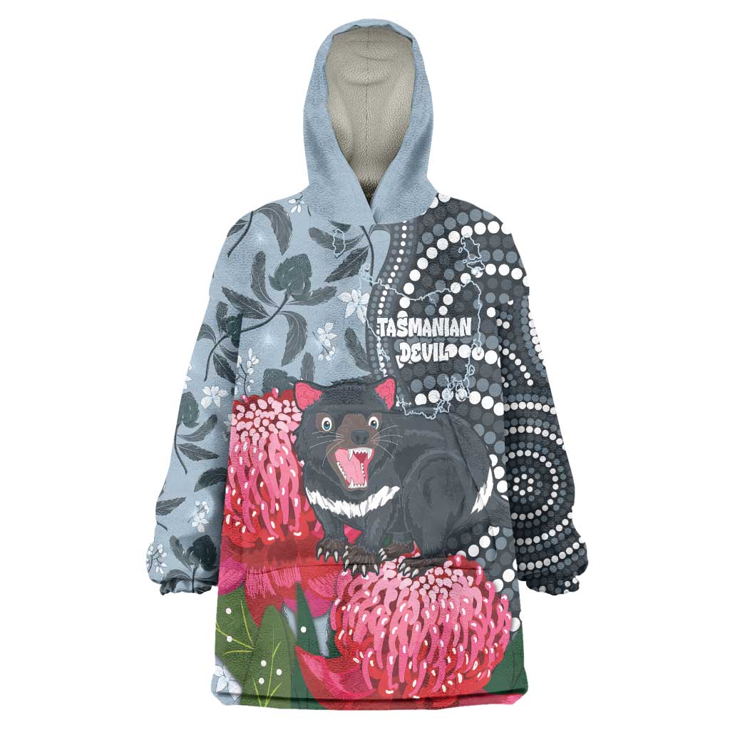 Personalised Tasmanian Devil Australia Wearable Blanket Hoodie Waratah Indigenous Art - Aussie Hoodie