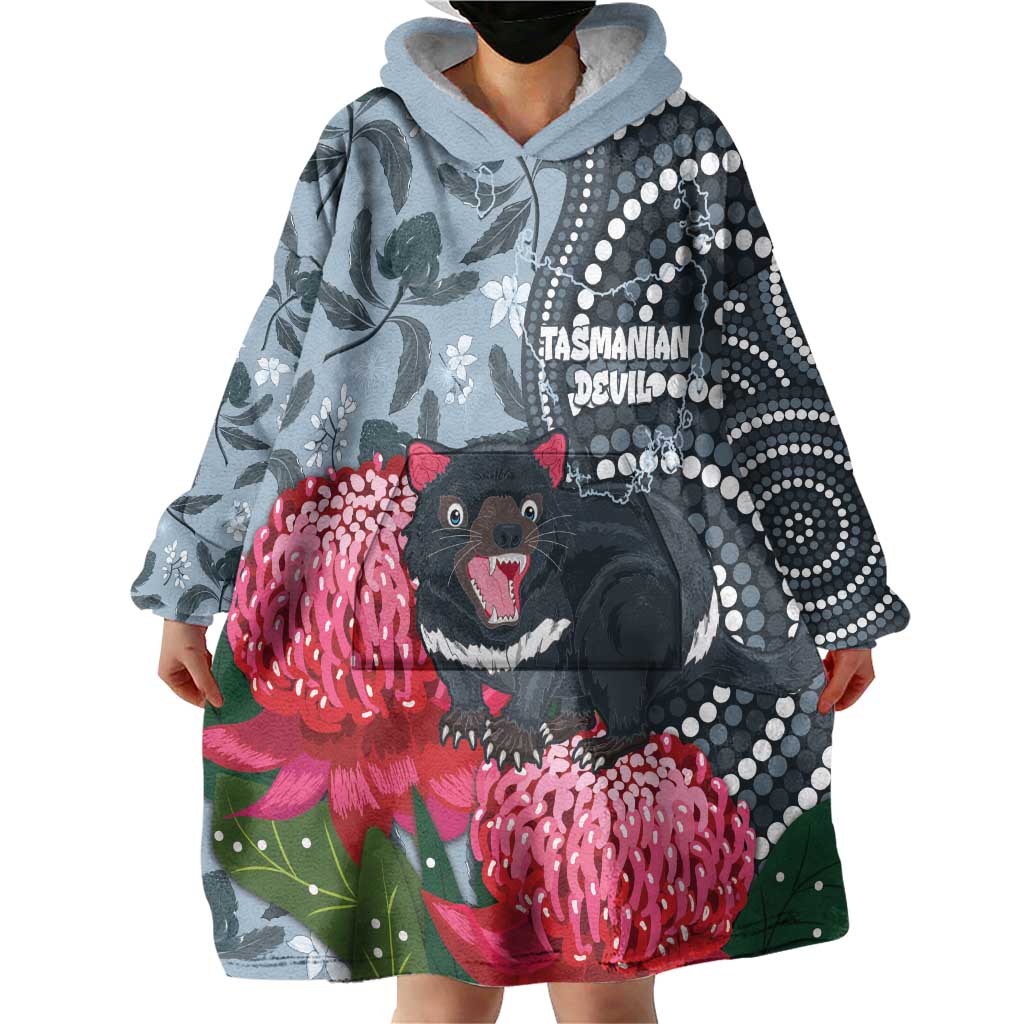 Personalised Tasmanian Devil Australia Wearable Blanket Hoodie Waratah Indigenous Art - Aussie Hoodie