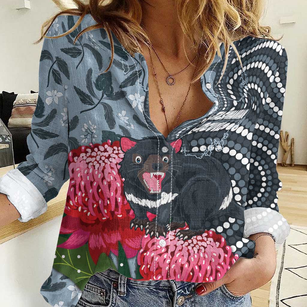 Personalised Tasmanian Devil Australia Women Casual Shirt Waratah Indigenous Art - Aussie Hoodie