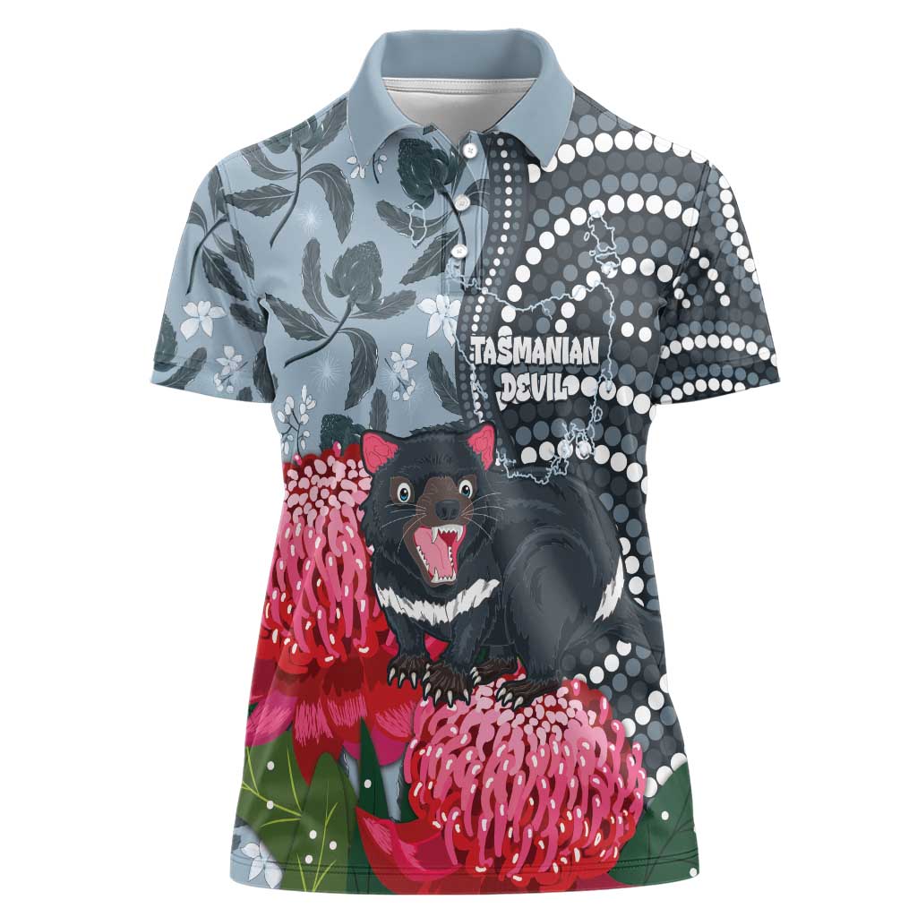 Personalised Tasmanian Devil Australia Women Polo Shirt Waratah Indigenous Art - Aussie Hoodie