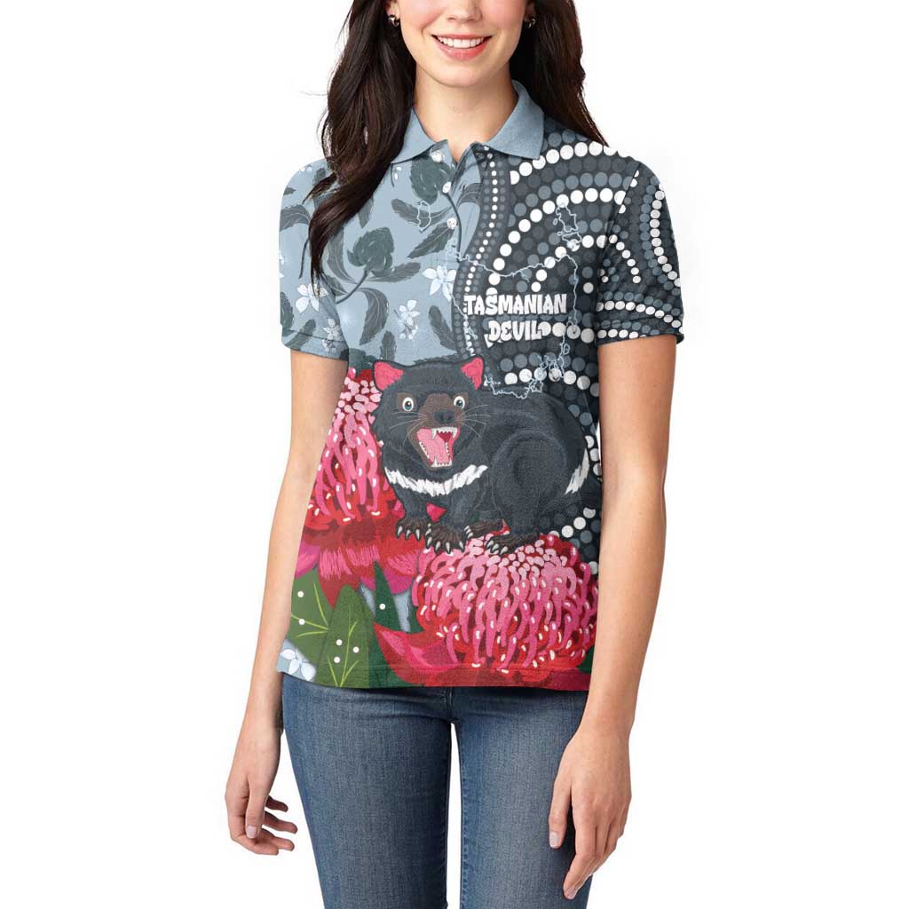 Personalised Tasmanian Devil Australia Women Polo Shirt Waratah Indigenous Art - Aussie Hoodie