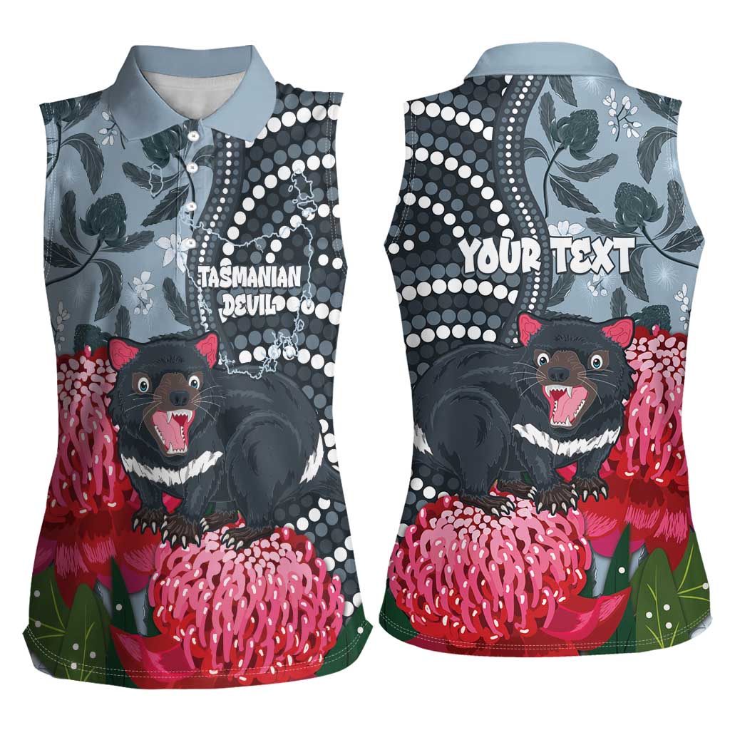 Personalised Tasmanian Devil Australia Women Sleeveless Polo Shirt Waratah Indigenous Art - Aussie Hoodie
