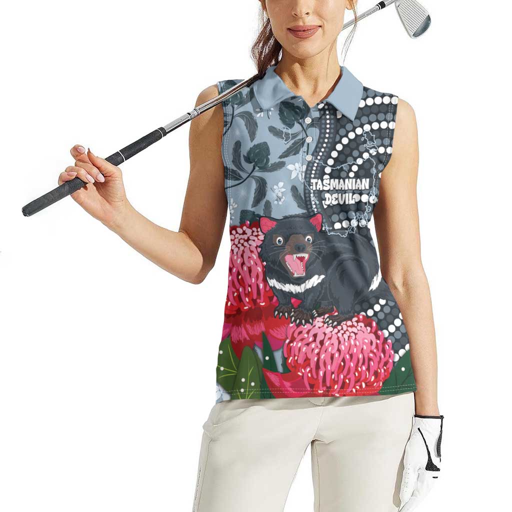 Personalised Tasmanian Devil Australia Women Sleeveless Polo Shirt Waratah Indigenous Art - Aussie Hoodie