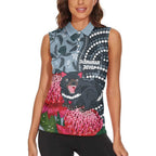Personalised Tasmanian Devil Australia Women Sleeveless Polo Shirt Waratah Indigenous Art - Aussie Hoodie