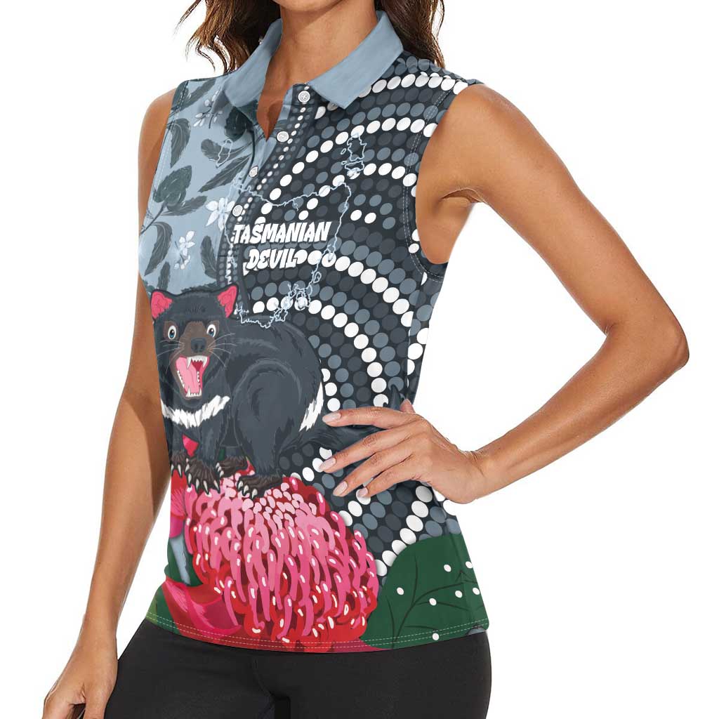 Personalised Tasmanian Devil Australia Women Sleeveless Polo Shirt Waratah Indigenous Art - Aussie Hoodie