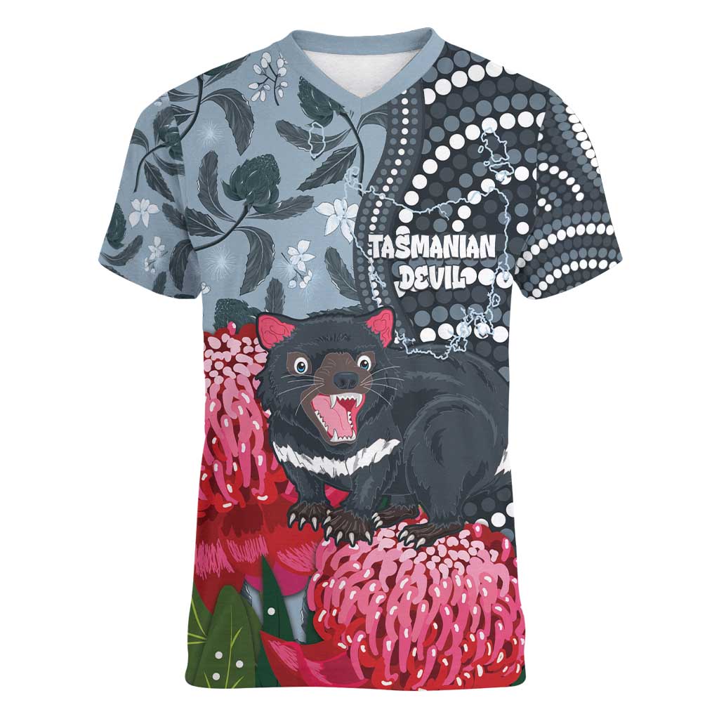 Personalised Tasmanian Devil Australia Women V-Neck T-Shirt Waratah Indigenous Art - Aussie Hoodie