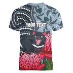 Personalised Tasmanian Devil Australia Women V-Neck T-Shirt Waratah Indigenous Art - Aussie Hoodie
